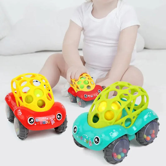 Unisex rolling rattle toy car, colorful and safe for baby sensory development and motor skills.