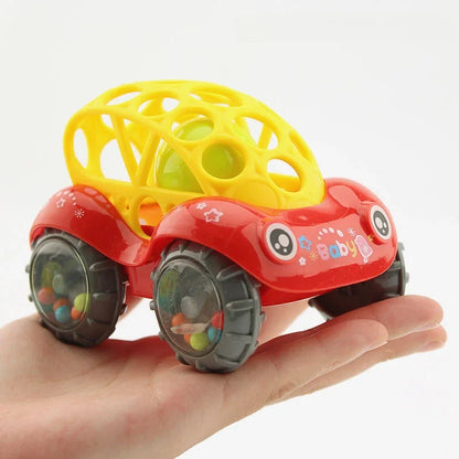 Green unisex rolling rattle toy car with engaging beads, perfect educational toy for newborn sensory development.