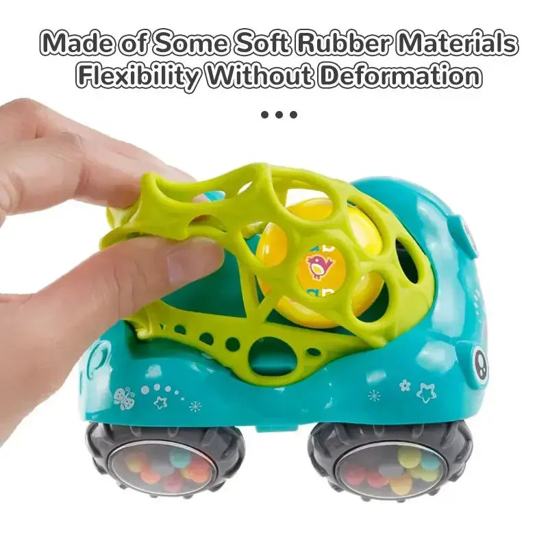 Close-up of a blue rattle toy car, highlighting safe materials for baby's educational and sensory play.