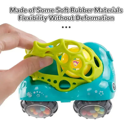 Close-up of a blue rattle toy car, highlighting safe materials for baby's educational and sensory play.