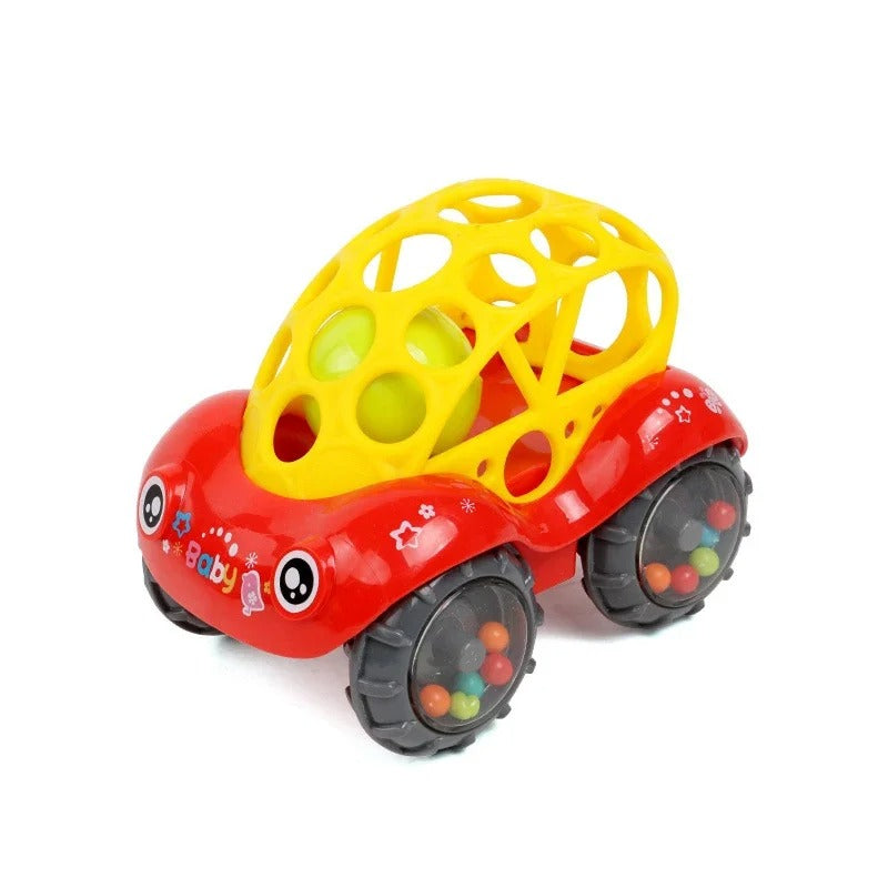 Unisex rattle toy car on a soft play mat, ideal for newborn sensory exploration and tactile development.