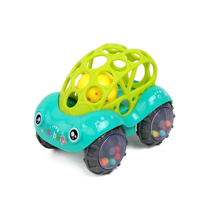 Various rattle toy cars in red, blue, and green, designed to be safe and stimulate baby's sensory learning.