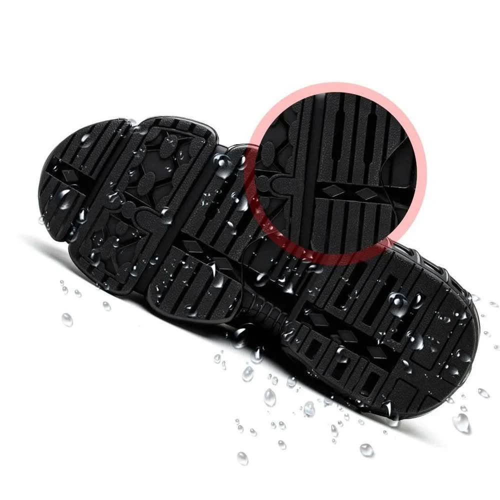 Side view of a unisex safety work shoe, showcasing ergonomic design, impact absorption sole, and lightweight construction.