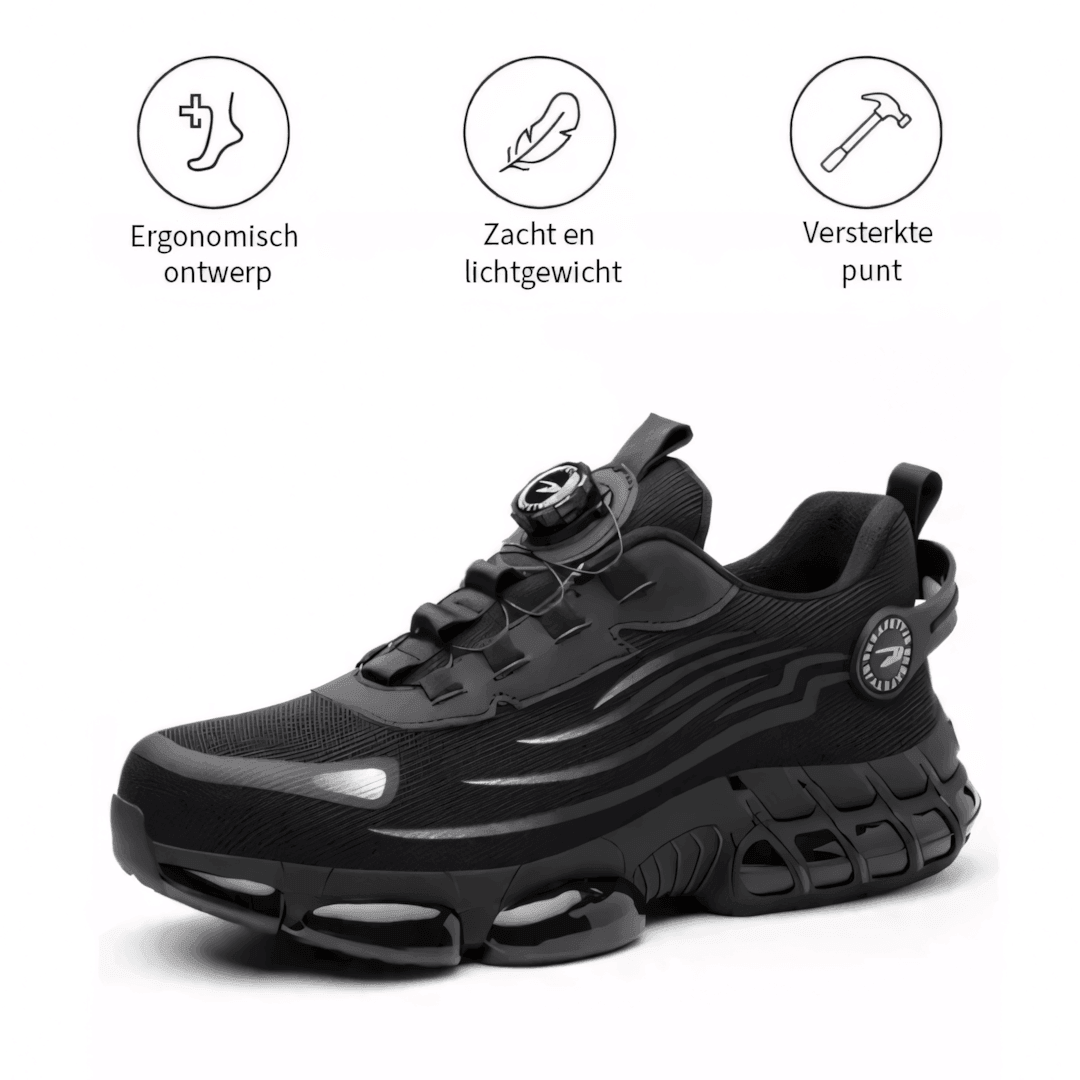Underside of a non-slip safety work shoe sole, designed for superior traction and impact absorption in demanding environments.