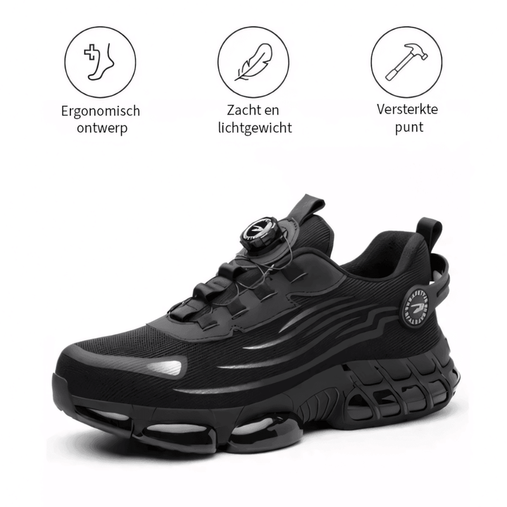 Underside of a non-slip safety work shoe sole, designed for superior traction and impact absorption in demanding environments.