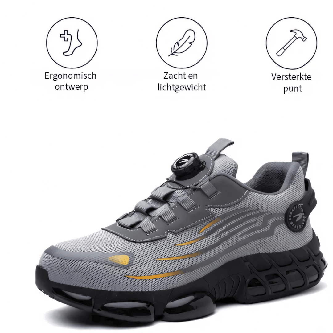 Comfortable industrial footwear; a pair of black unisex safety shoes ready for daily wear, providing foot support & protection.