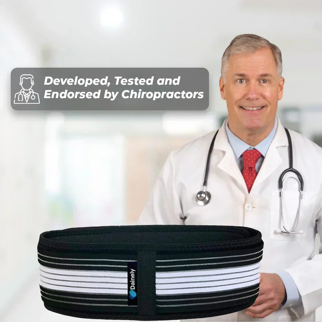 Breathable SI joint belt providing targeted compression for back pain relief.