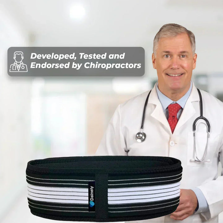 Breathable SI joint belt providing targeted compression for back pain relief.