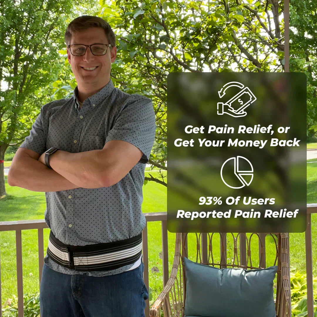 Lower back pain relief belt, adjustable for sciatica & hip support, promoting wellness.