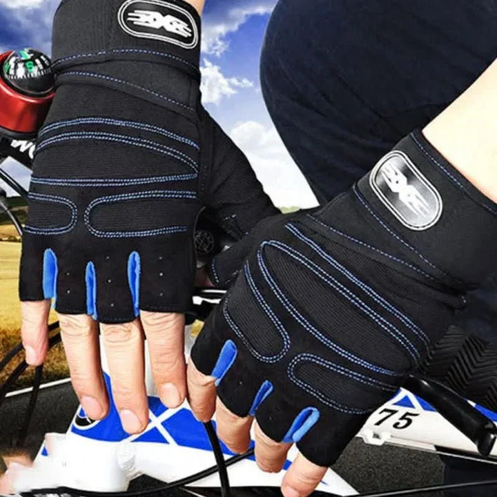 Black unisex fitness gloves with padded palms & adjustable wrist support for optimal grip.