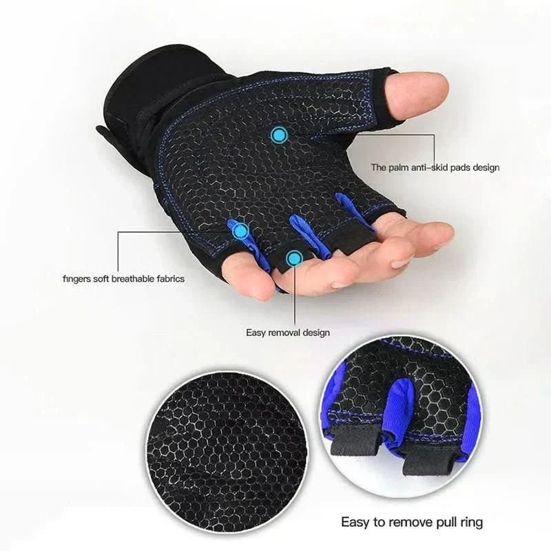 High-performance workout gloves, unisex design, with built-in wrist support for heavy lifts.