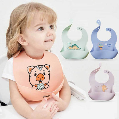 Unisex silicone bib with a prominent food catcher pocket in pastel green for baby feeding