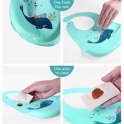 Soft pink silicone baby bib featuring a wide food catcher for mess-free infant and toddler meals