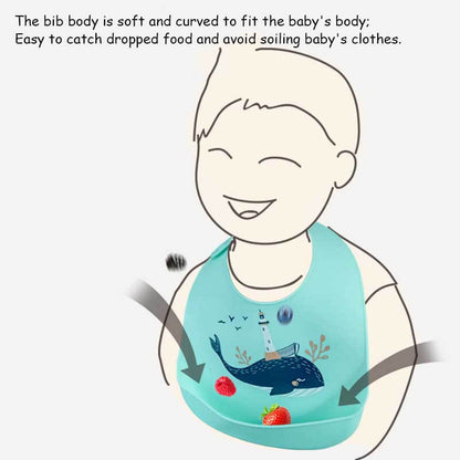 Close-up of a blue silicone feeding bib, highlighting its waterproof, easy-clean material and catch-all pocket