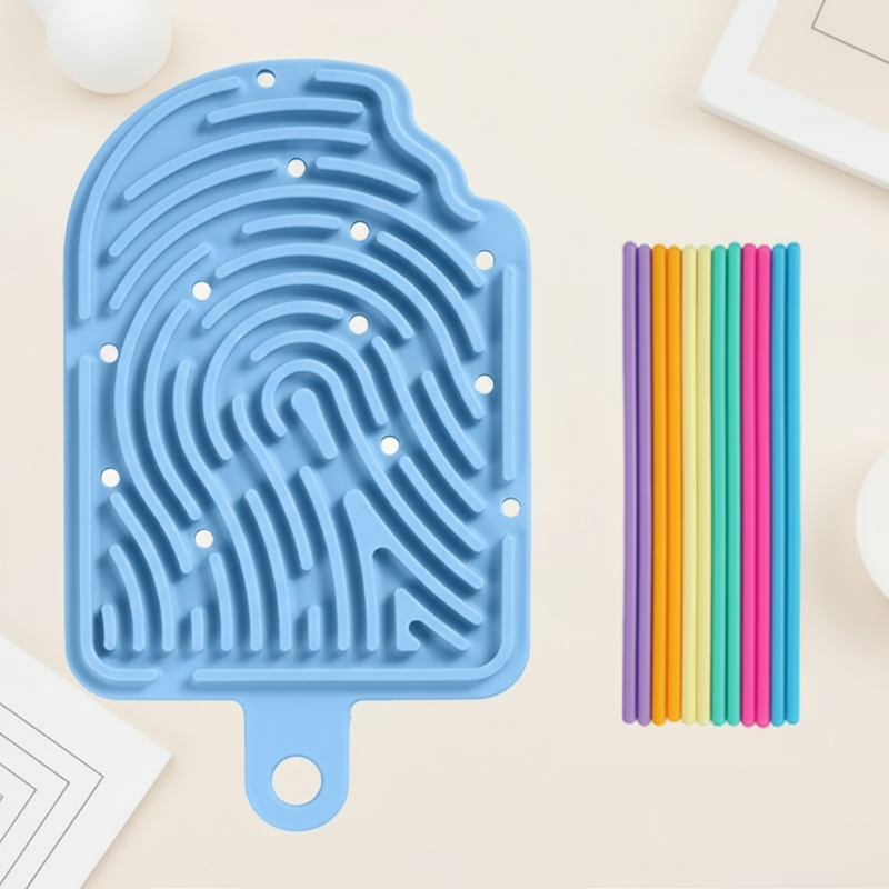 Portable silicone fidget board attached to a backpack, ideal for on-the-go stress relief and focus.