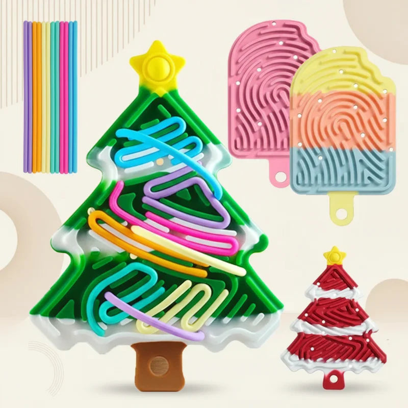 Close-up of a blue silicone fidget stress relief board, showcasing its texture and pop buttons.