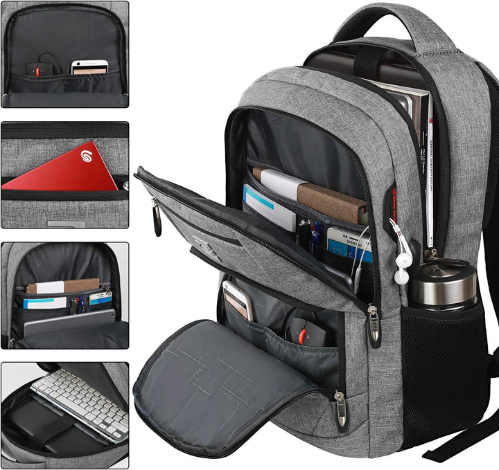 Interior of a slim anti-theft backpack showing laptop sleeve, tablet pocket, & USB cable pass-through.
