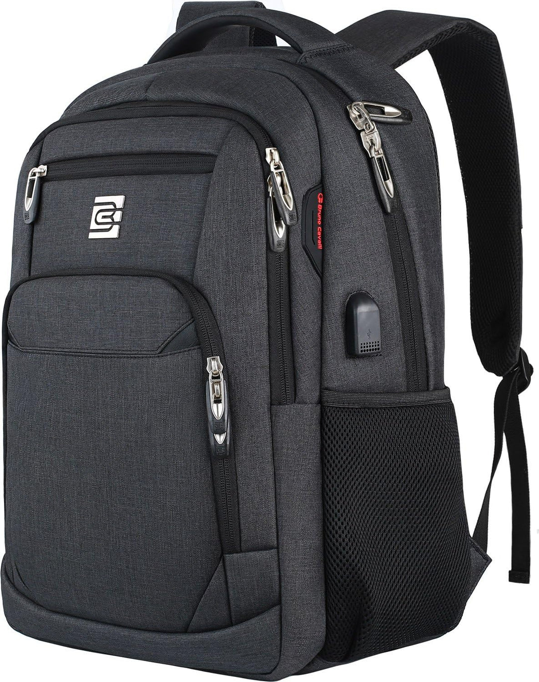 Front view of a sleek black anti-theft USB charging laptop backpack, showcasing its clean lines.