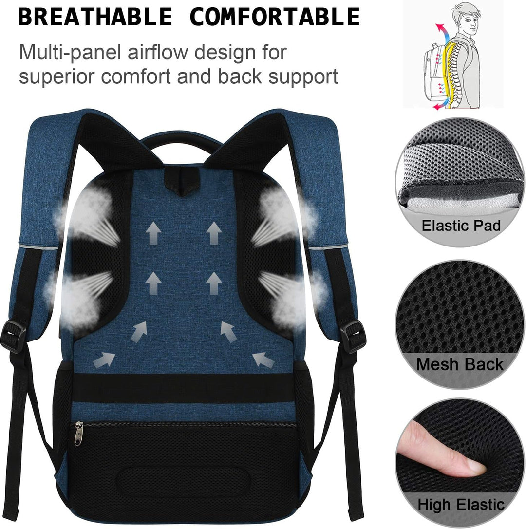 Water-resistant unisex backpack, slim profile with anti-theft pockets & USB port for power.