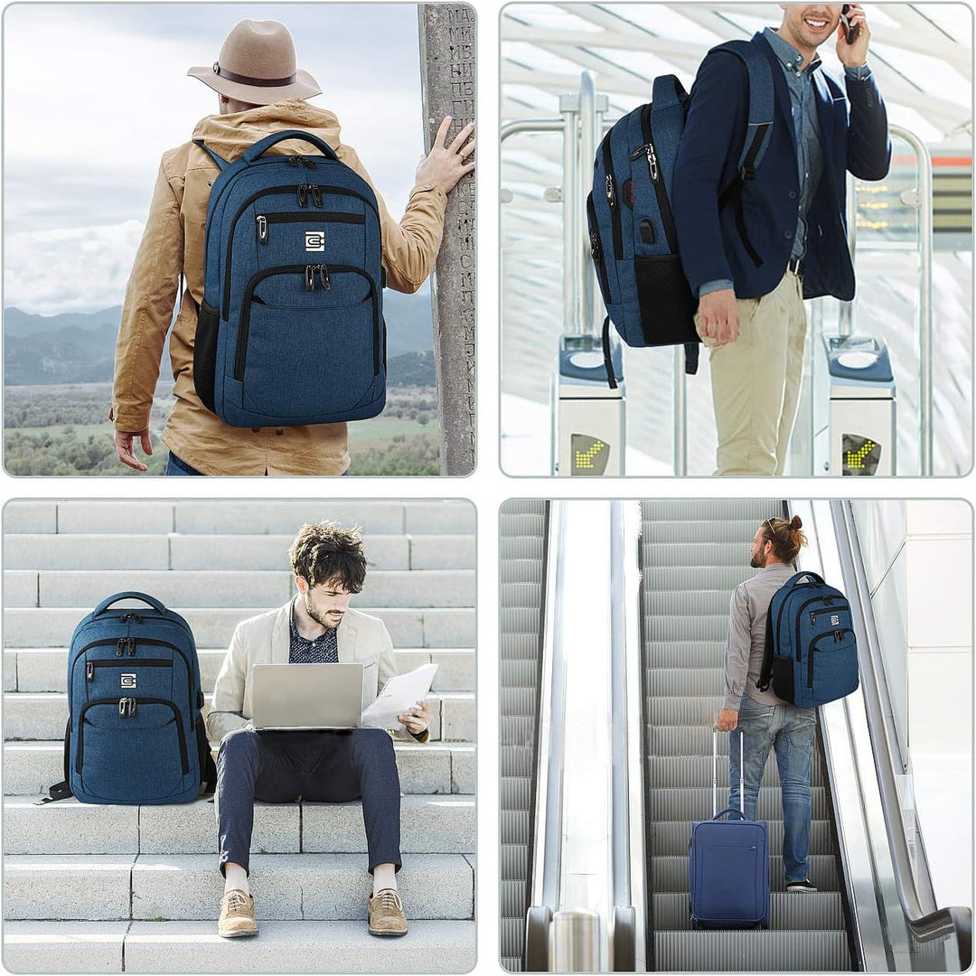 Durable slim travel backpack, anti-theft features, padded laptop sleeve, & USB charging.