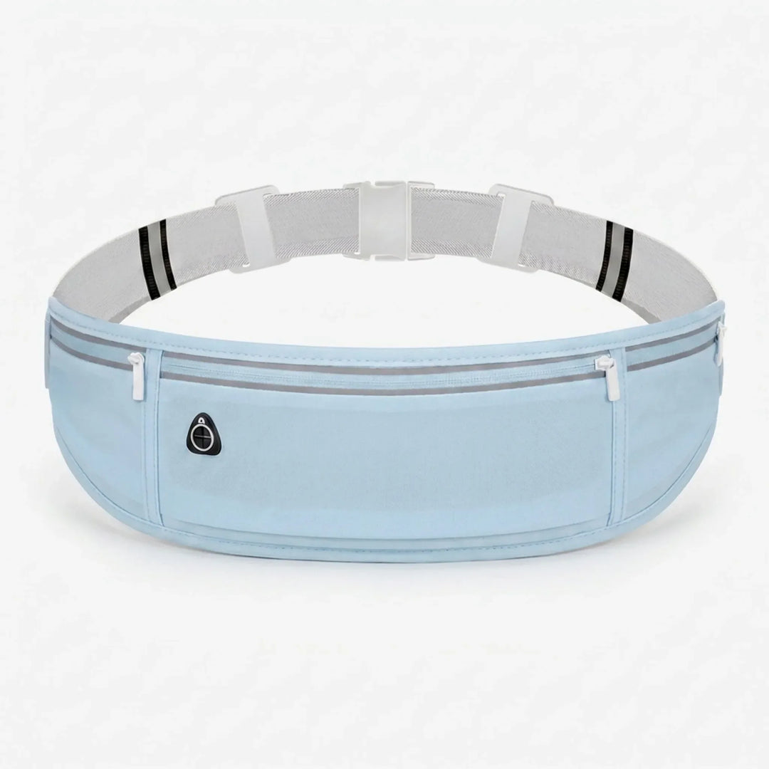 Reflective slim running belt enhances visibility in low light. Safe activewear waist pack for night runs.