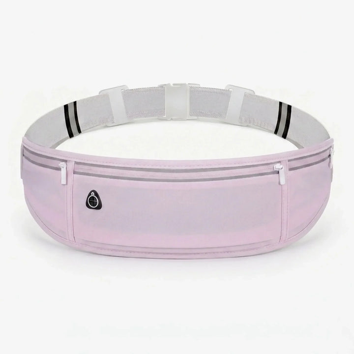 Unisex model wearing a black slim running belt for comfort & hands-free phone carrying during exercise.