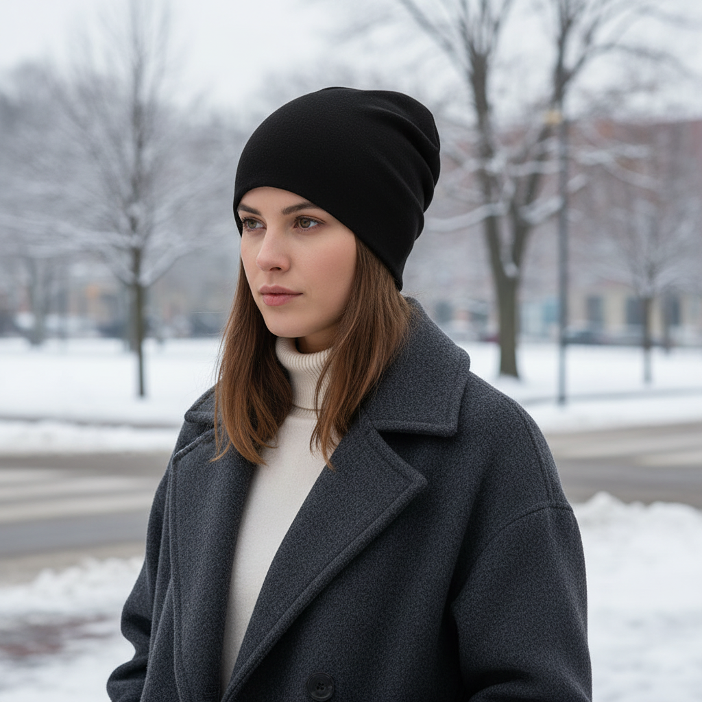 Warm winter Slouchy Beanie. Unisex design, cozy headwear for cold weather comfort.