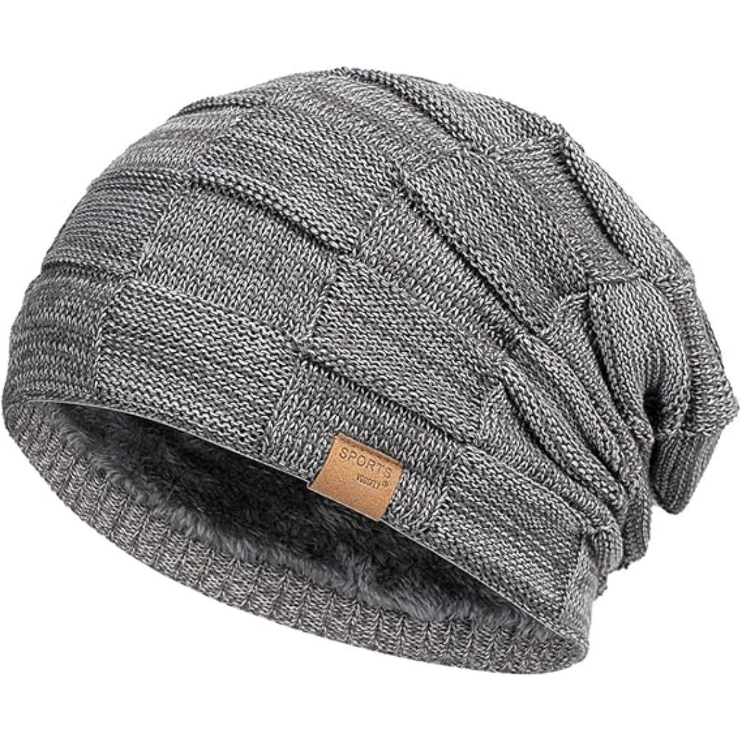 Warm knit slouchy beanie, a perfect unisex outdoor accessory for cold winter days.