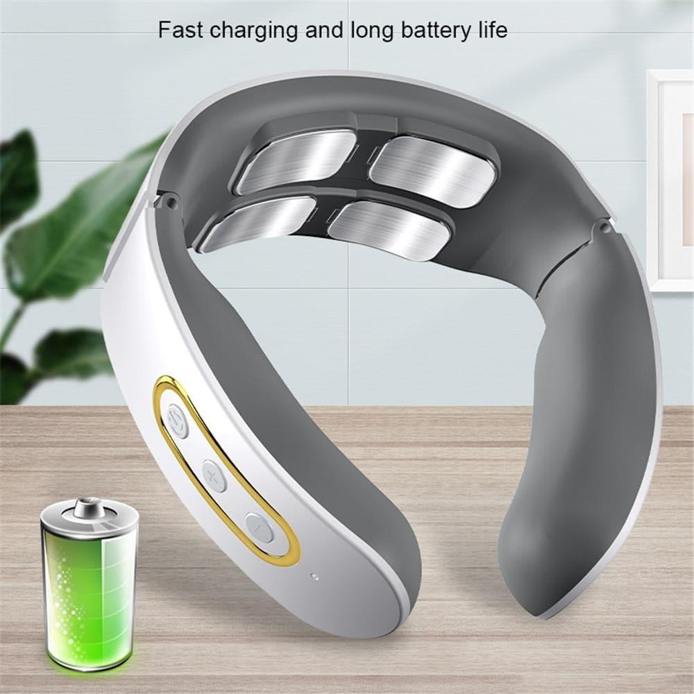 Smart 4D neck massager delivering deep tissue massage & heat therapy for shoulder pain relief and relaxation.