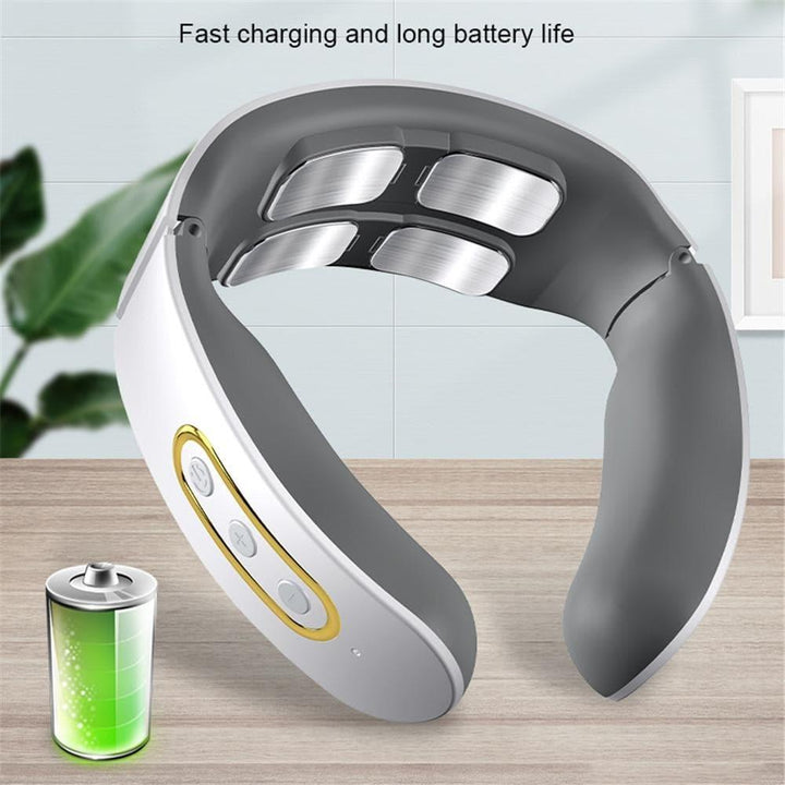 Smart 4D neck massager delivering deep tissue massage & heat therapy for shoulder pain relief and relaxation.