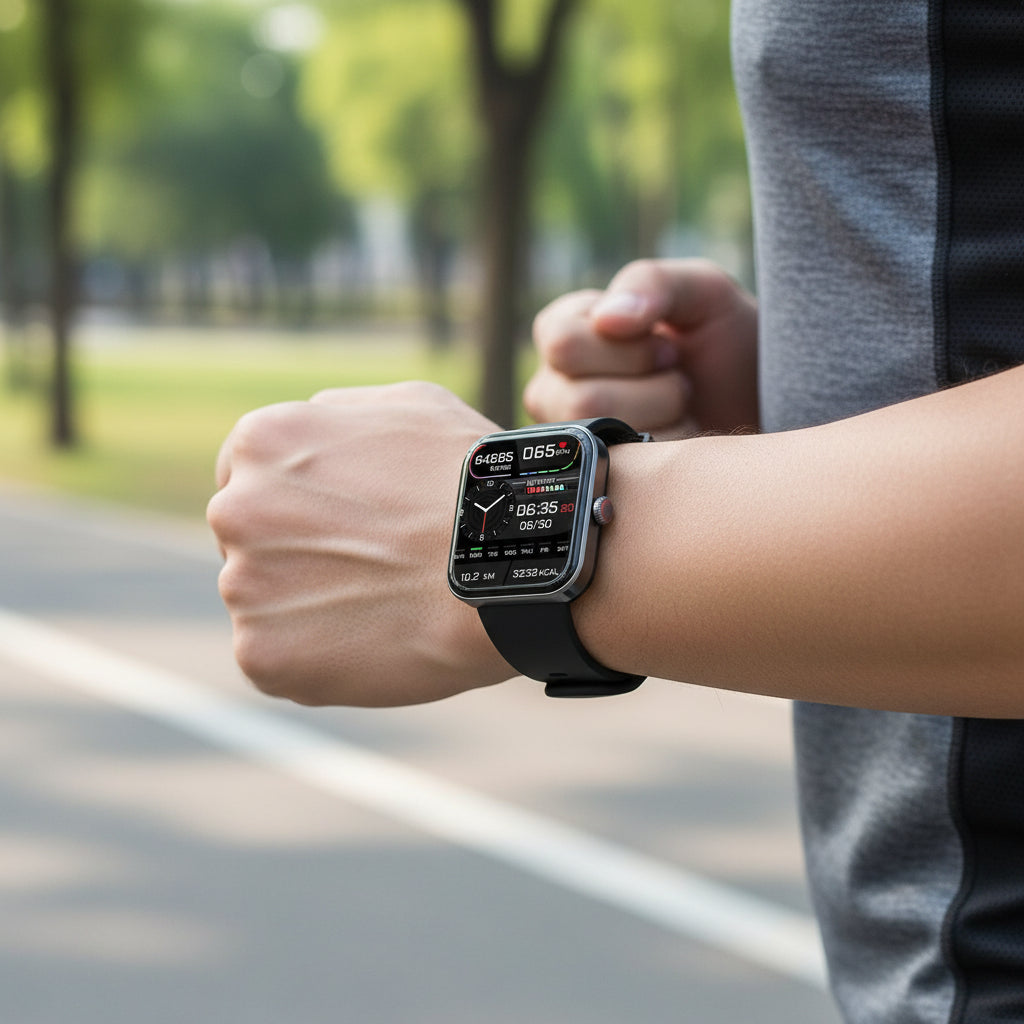 Black unisex fitness smartwatch, non-invasive glucose, heart rate, & activity monitor for daily wellness.