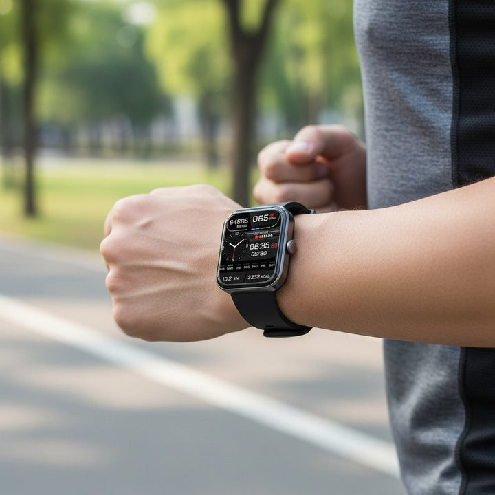Black unisex fitness smartwatch, non-invasive glucose, heart rate, & activity monitor for daily wellness.