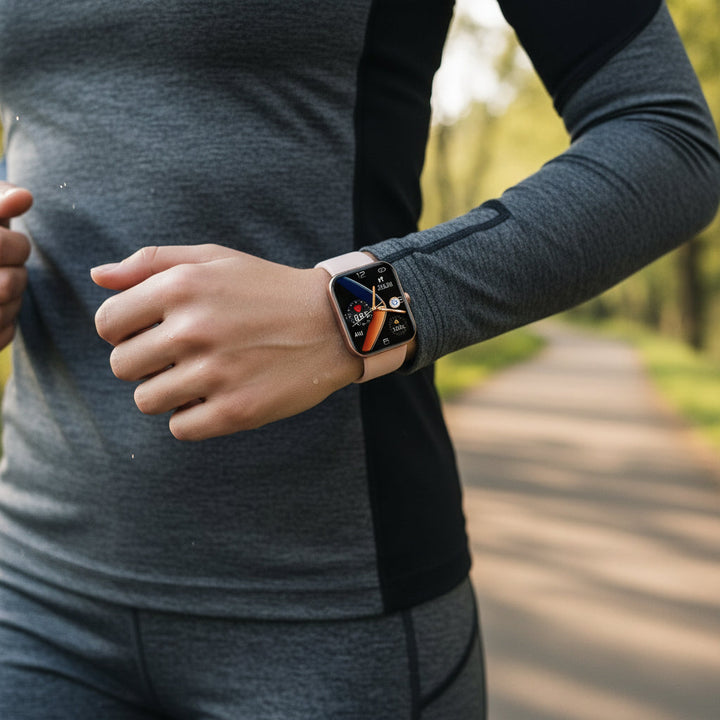 Pink digital unisex smart health watch. Non-invasive glucose, heart rate, & sleep tracker. Tech accessory.
