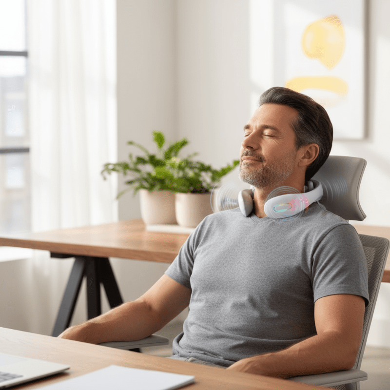 Unisex smart neck massager with heat & vibration for relaxation, pain relief & muscle therapy.