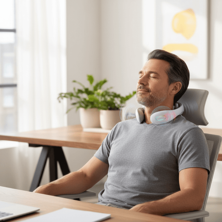 Unisex smart neck massager with heat & vibration for relaxation, pain relief & muscle therapy.