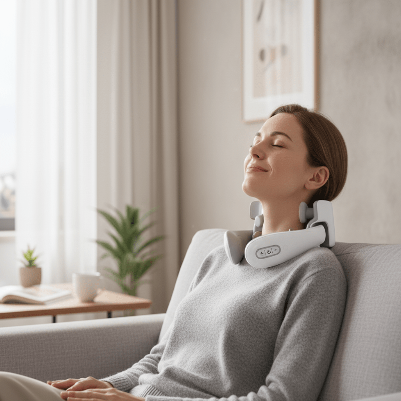 Portable smart neck massager for muscle pain relief. Features vibration & heat therapy for relaxation.