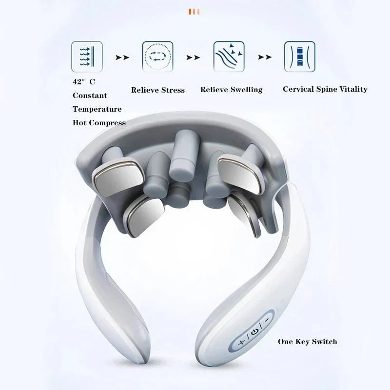 Unisex smart neck massager for wellness & self-care. Delivers heat, vibration & pulse for relaxation & therapy.