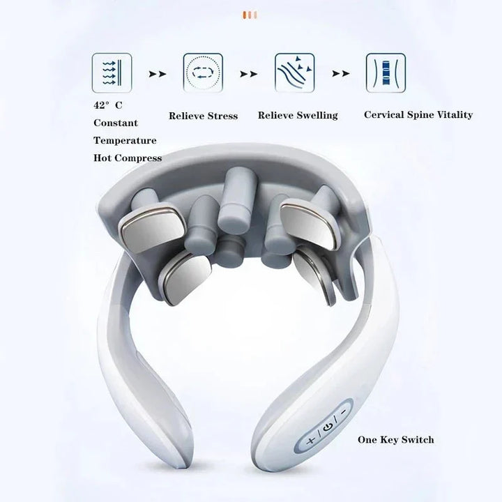 Unisex smart neck massager for wellness & self-care. Delivers heat, vibration & pulse for relaxation & therapy.