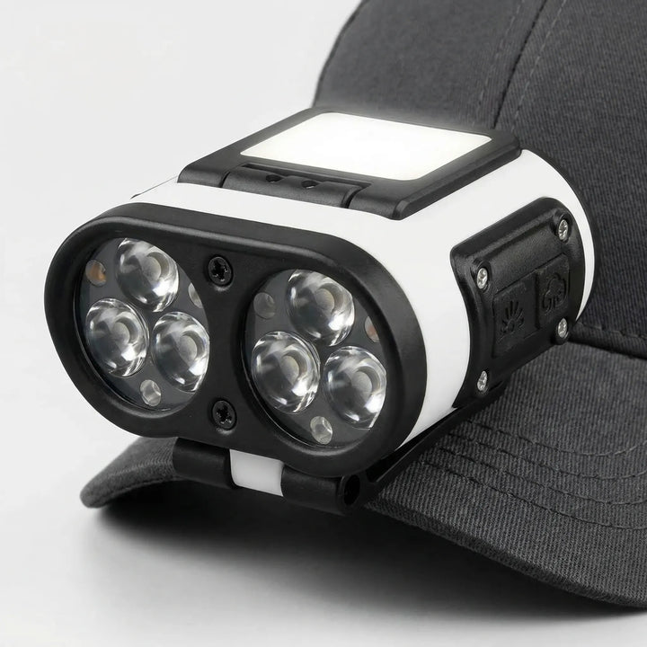 Versatile clip-on headlamp for camping, fishing, hiking. Bright LED light & smart sensor for hands-free use.