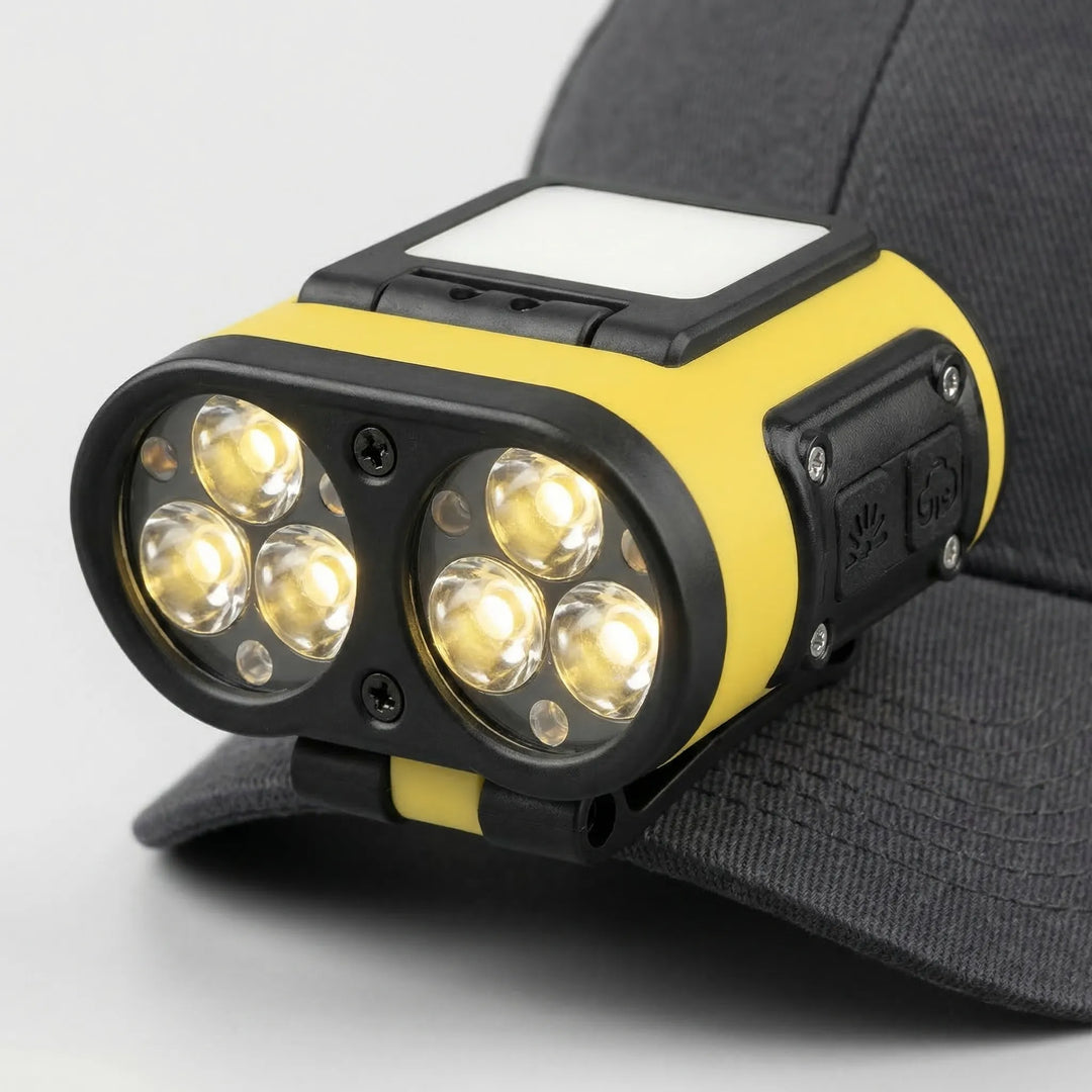 Bright LED clip-on headlamp with smart sensor. Hands-free lighting for hiking, camping, fishing, and night work.