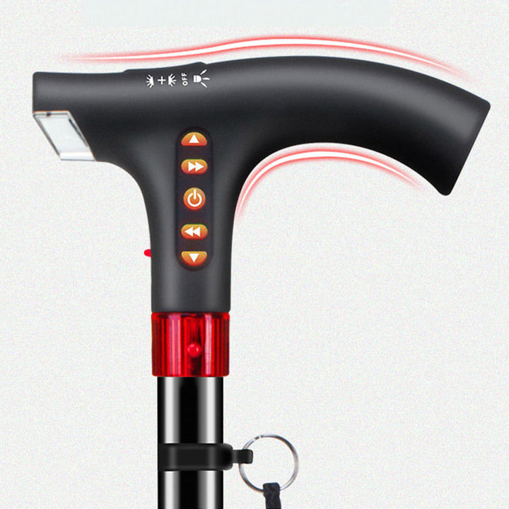 Unisex Smart Walking Stick with LED light, built-in radio, and emergency alarm for enhanced senior safety.