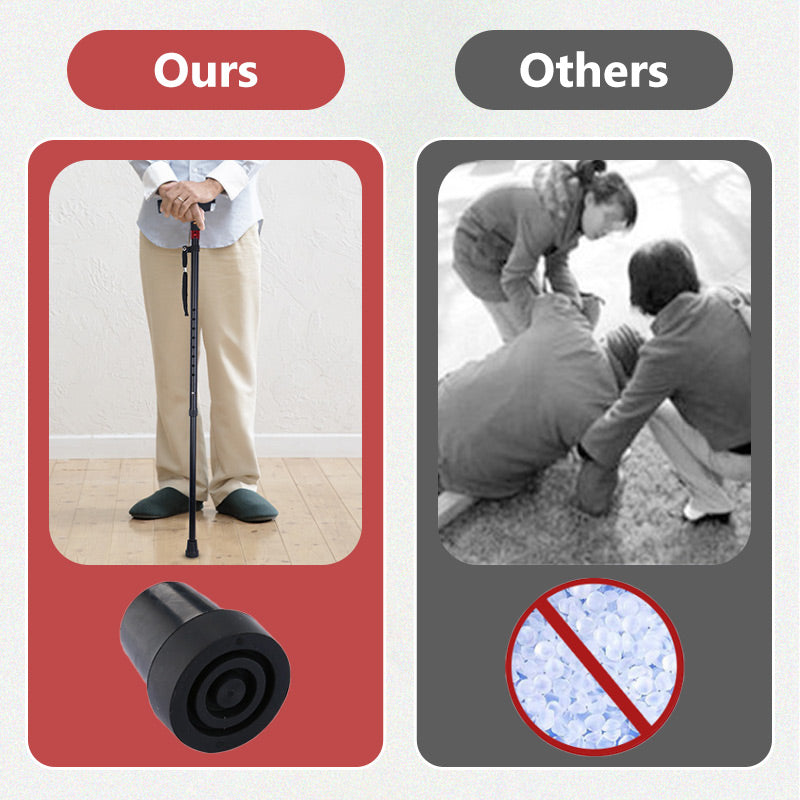 Portable walking stick with integrated LED flashlight, FM radio, and loud emergency alarm for seniors.