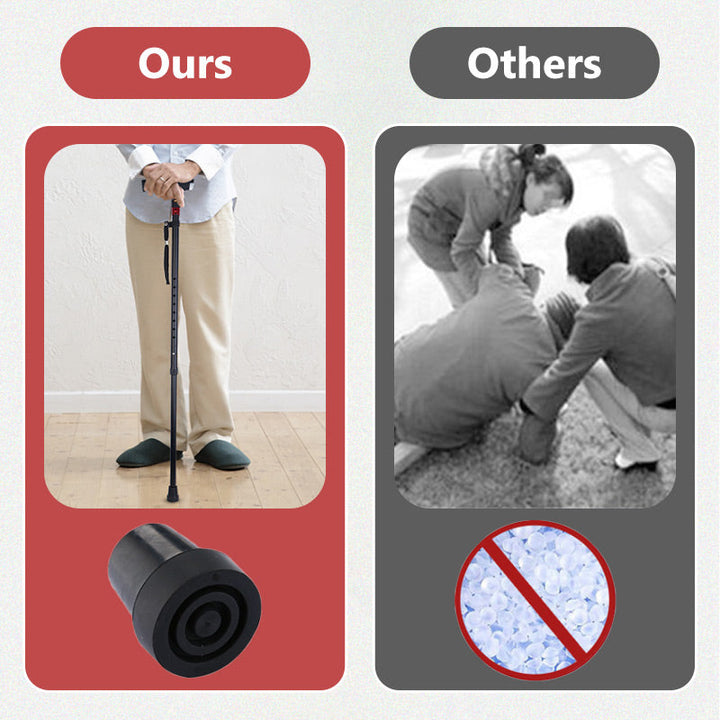 Portable walking stick with integrated LED flashlight, FM radio, and loud emergency alarm for seniors.