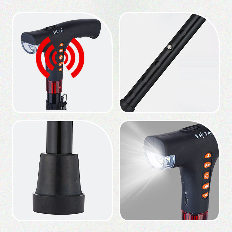 Advanced smart walking stick offering LED illumination, radio entertainment, and a crucial SOS alarm.