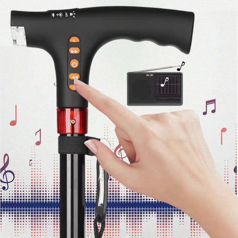 Safety-first smart cane with powerful LED light, handy radio, and immediate emergency alarm for elderly.