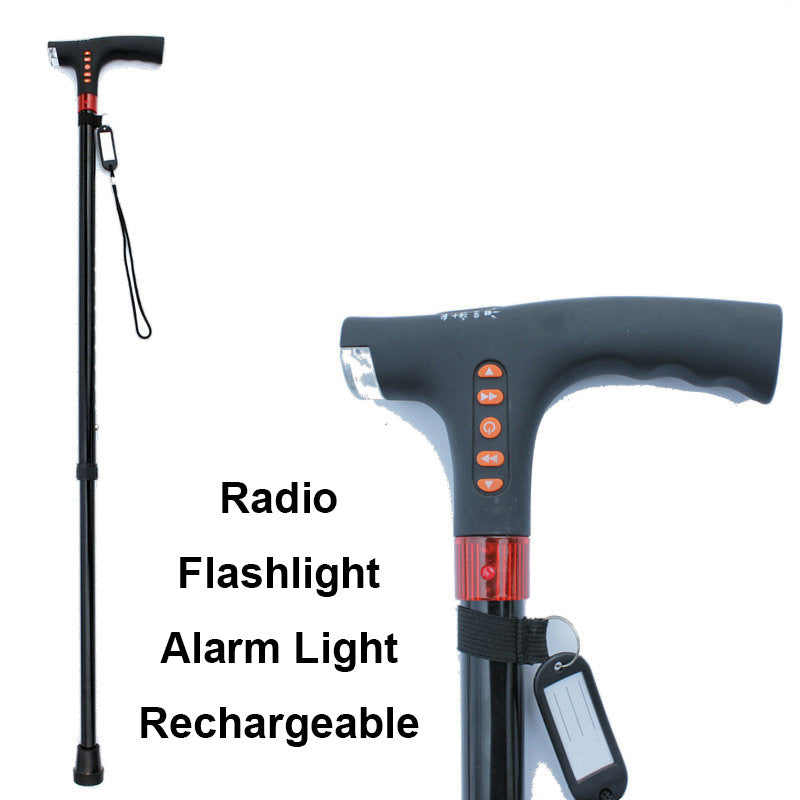 Ergonomic smart walking stick supporting mobility; features LED light, radio, and a vital emergency alarm.