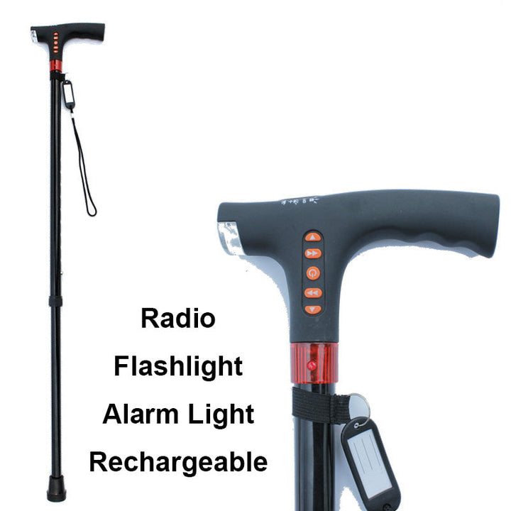 Ergonomic smart walking stick supporting mobility; features LED light, radio, and a vital emergency alarm.
