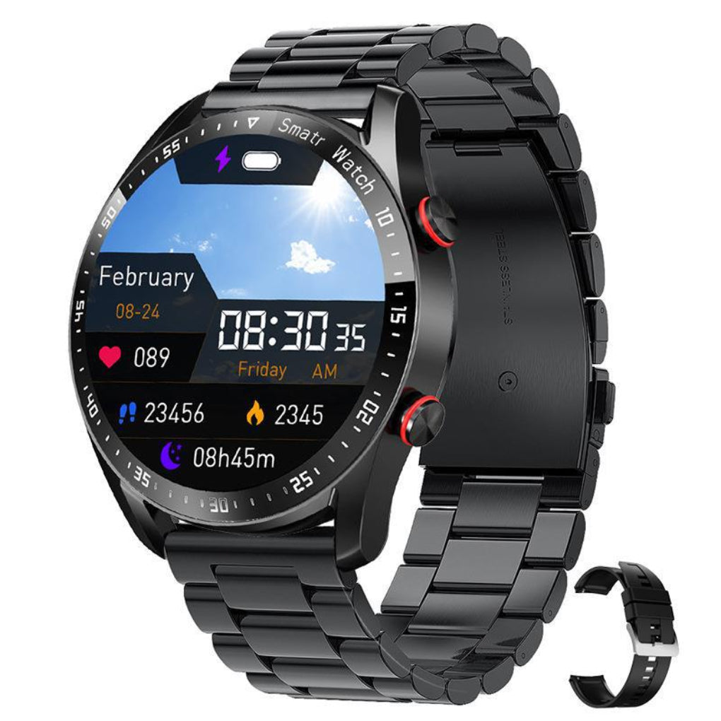 Sleek black unisex smartwatch, a smart accessory with health tracking & convenient Bluetooth calling.