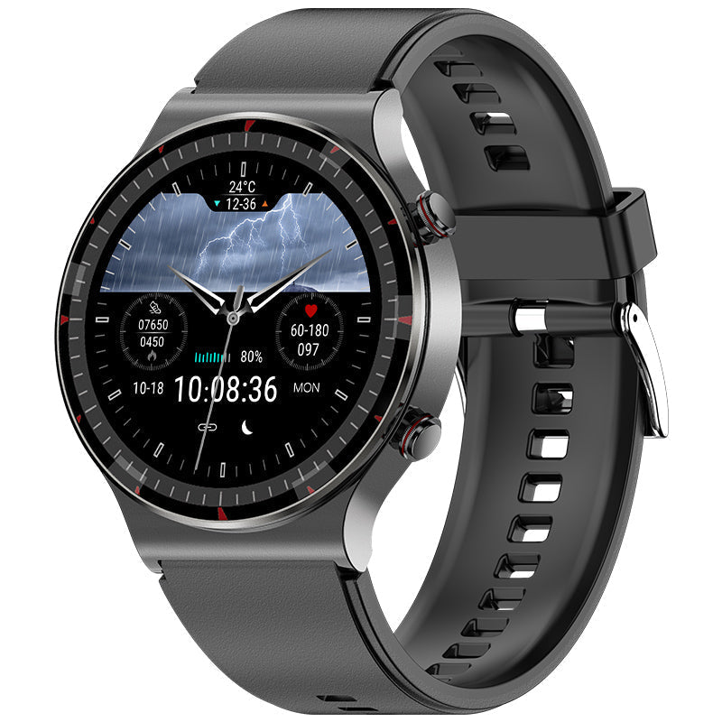 Unisex smartwatch with ECG, blood oxygen, and heart rate monitor. Black strap, digital display.