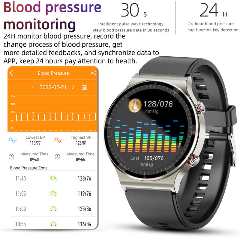 Health tracker smartwatch displaying ECG readings. Sleek, modern design for men & women.